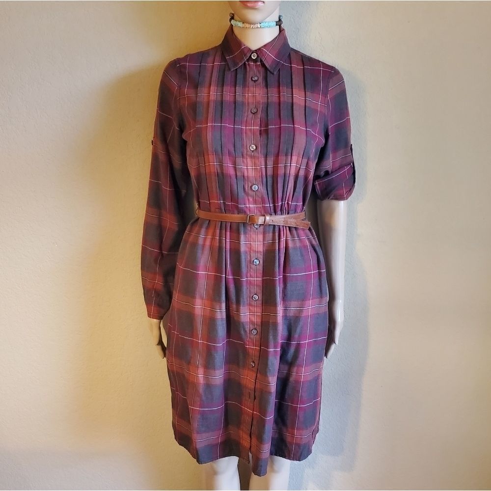 Vtg Women's Belted Long-Sleeve Plaid Shirt dress - Picture 9 of 12